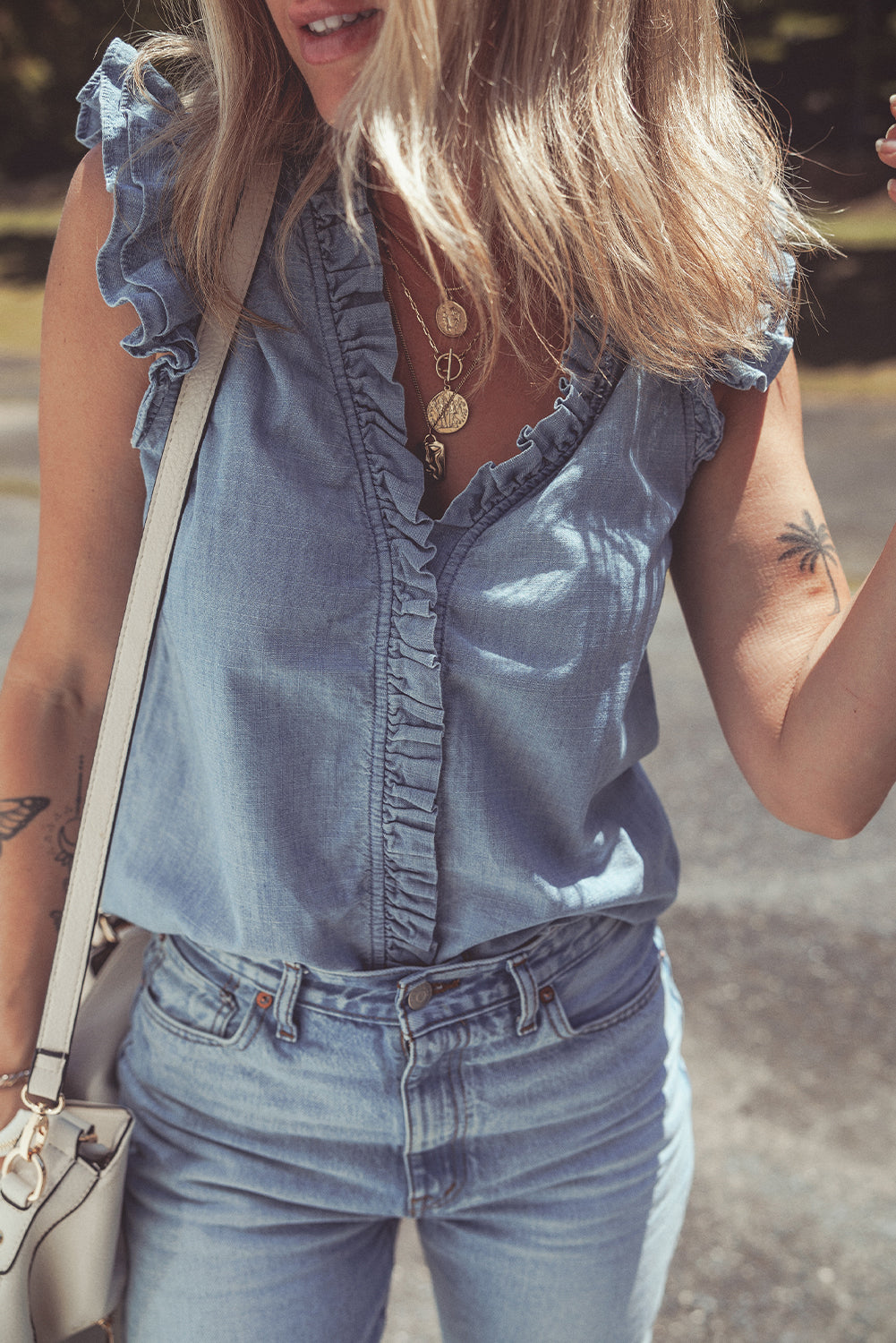 Frilly Ruffle Trim V Neck Chambray Tank Top