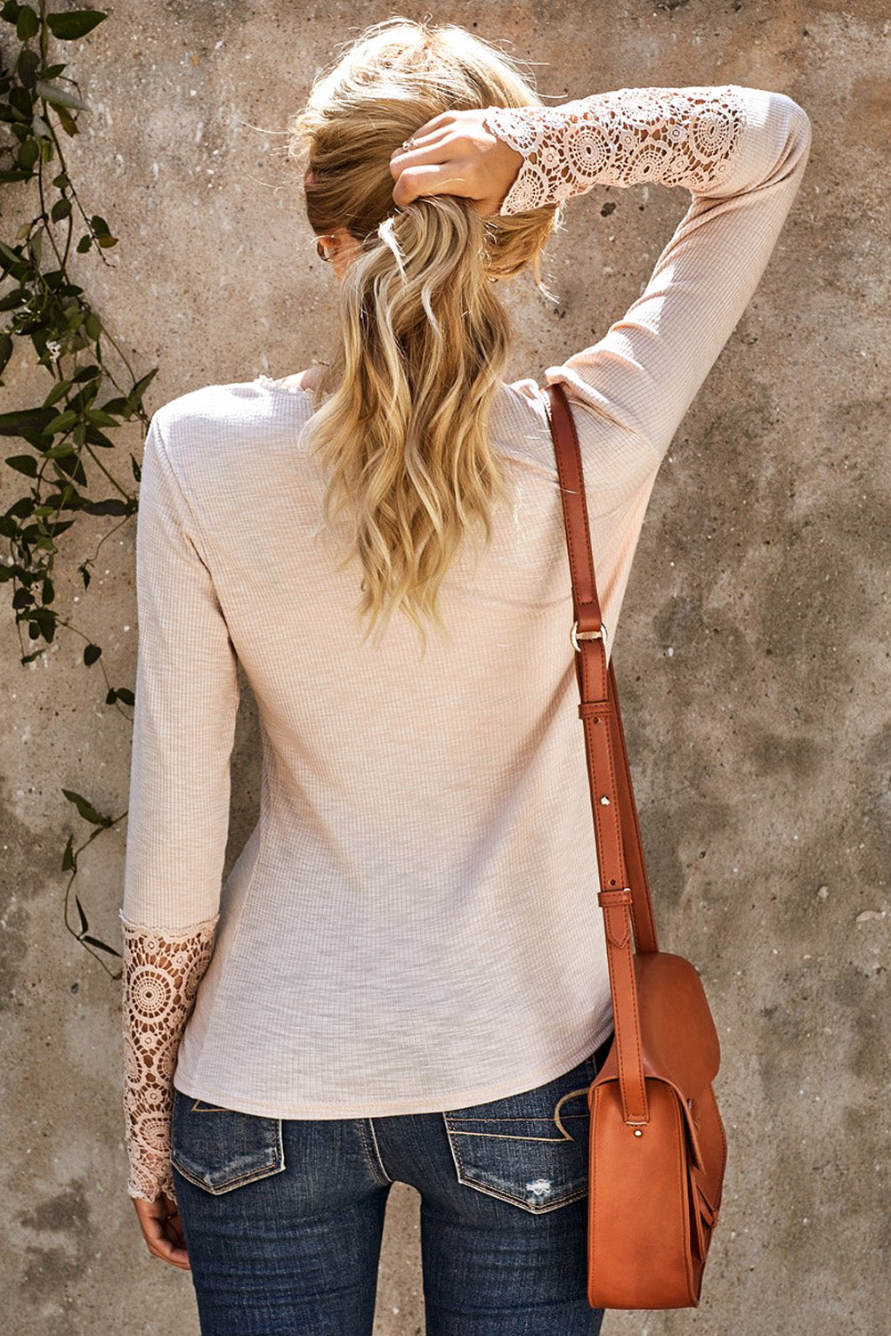 Top for Women Chic Beige Crochet Lace-Trimmed Hem Sleeve Button