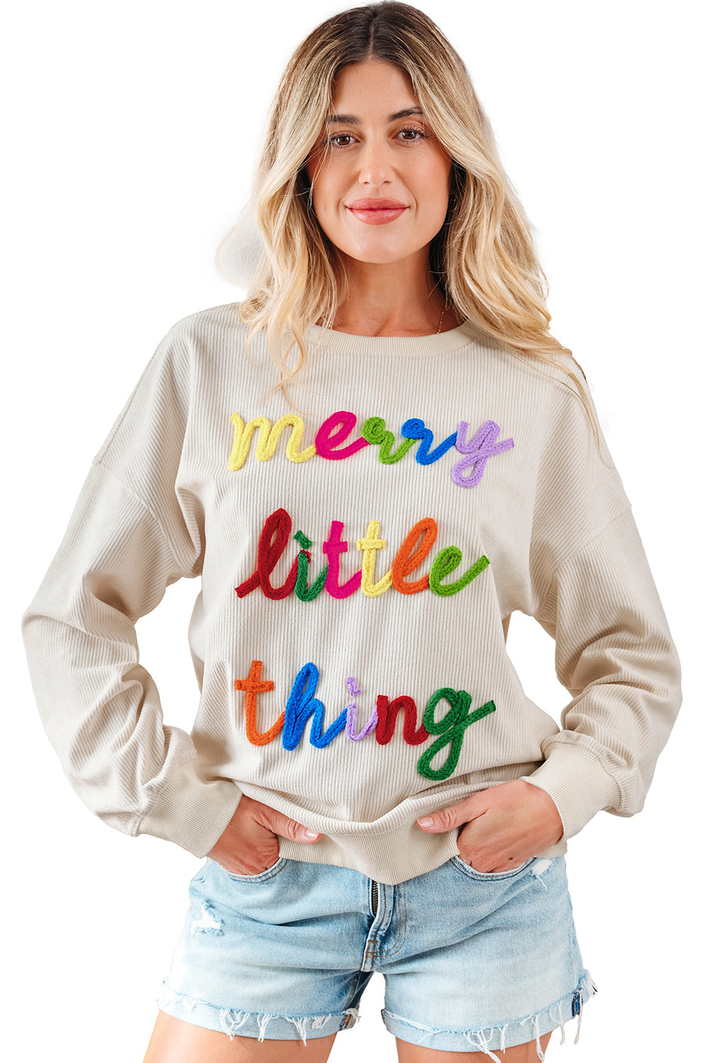 little thing merry thing Corded Letter Graphic Rib-Knit Loose Sweatshirt