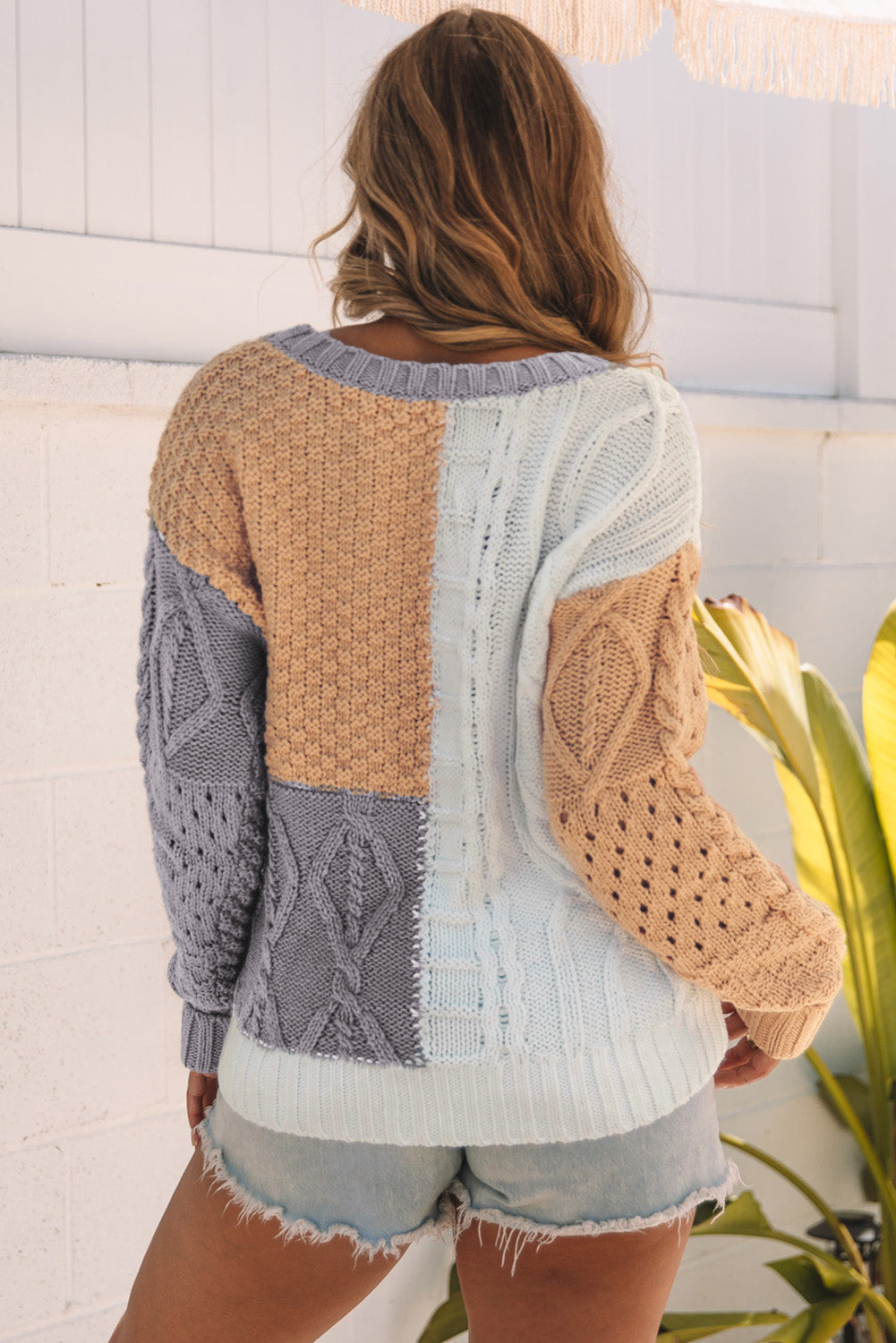 Women's Sweater with Mixed Textured Color-Block