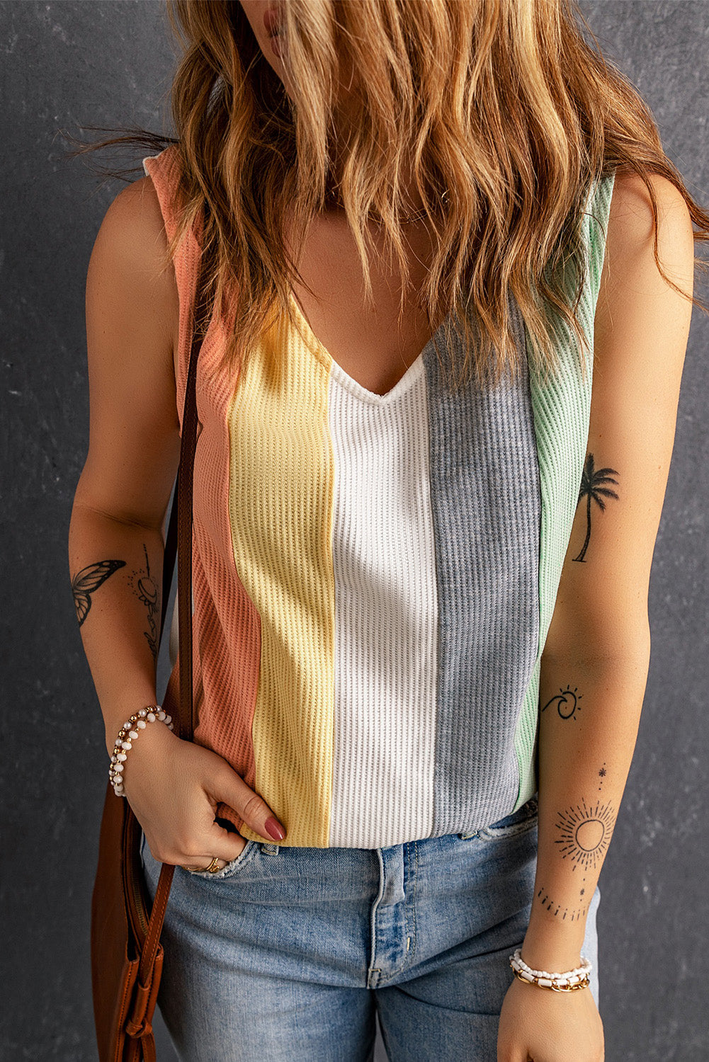Women's Tank Top Featuring Waffle Knitted V Neck