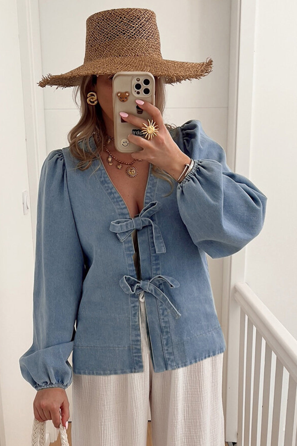 Tied Puff Front Long Sleeve Denim Top