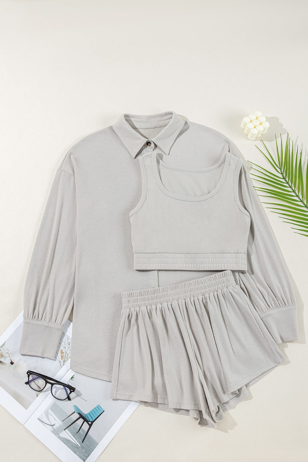 Pcs Crop 3 Crop Tank Top Shorts with Cardigan Lounge Set in Gray