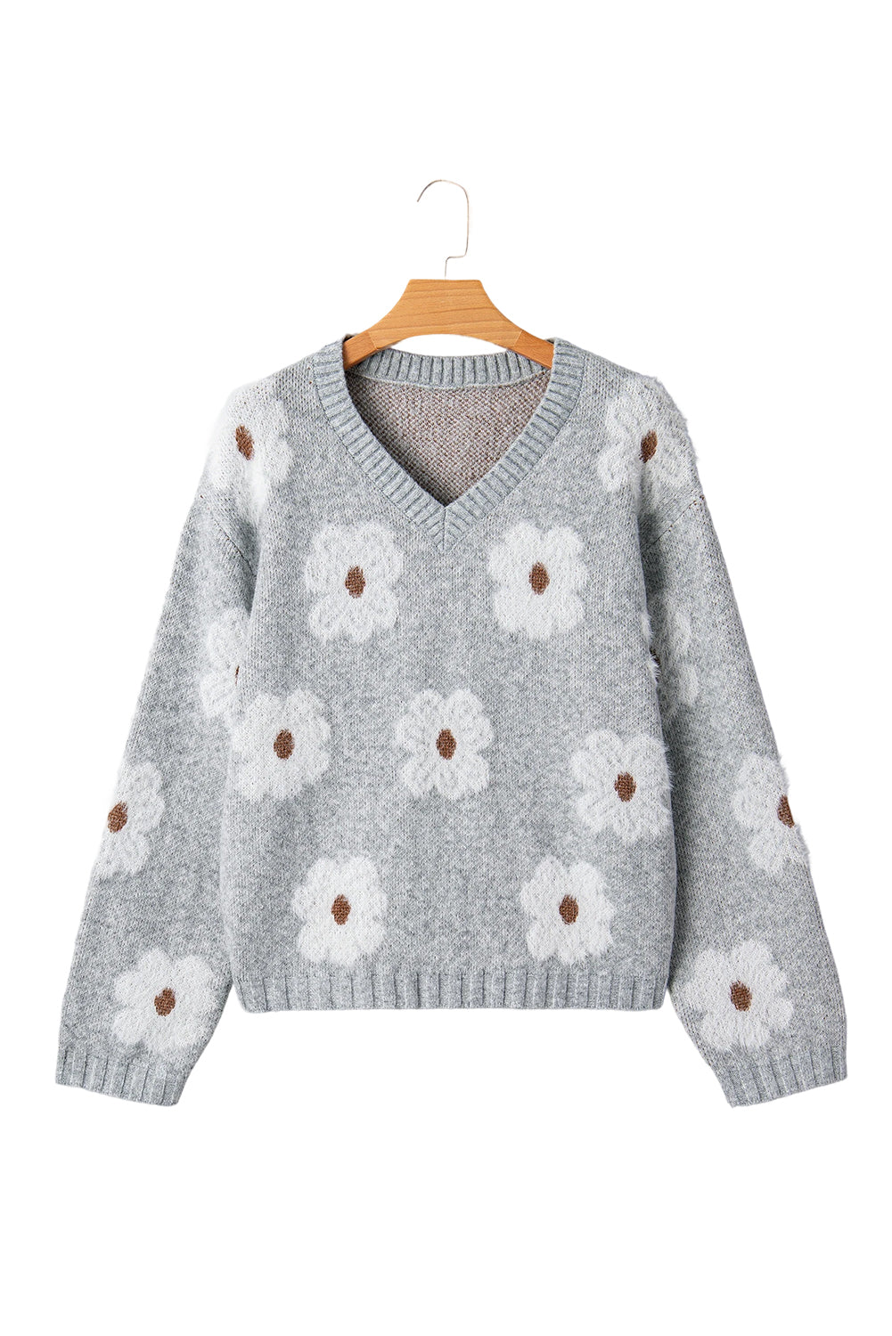 Print Cute Flower V-Neck Drop-Shoulder Baggy Knit Top