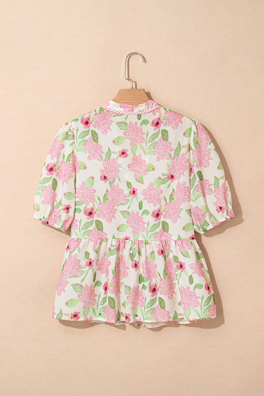 Floral-Print Drawcord V-Neck Peplum Blouse in Pink
