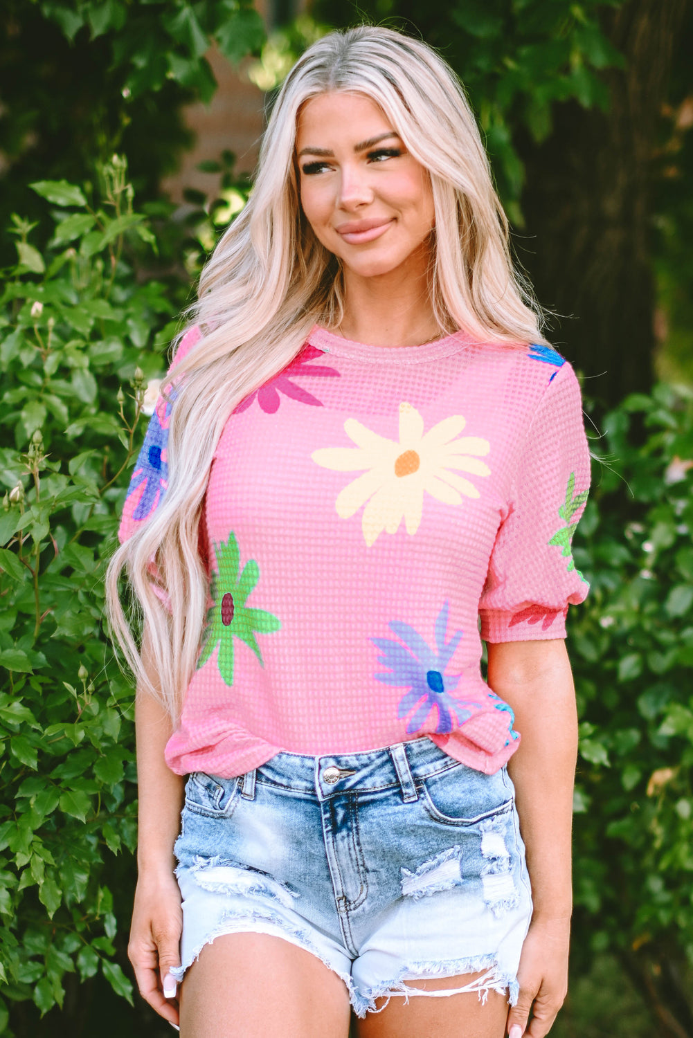 Women's Print Balloon Sleeve Floral-Print T Shirt