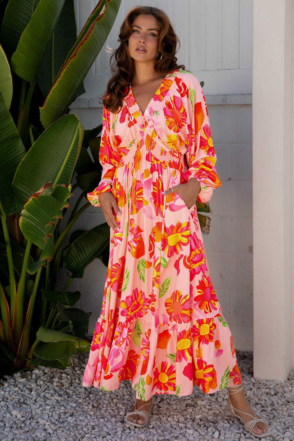 Floral-Print Smocked Detail V-Neck Puff Sleeve Flowy Maxi Dress