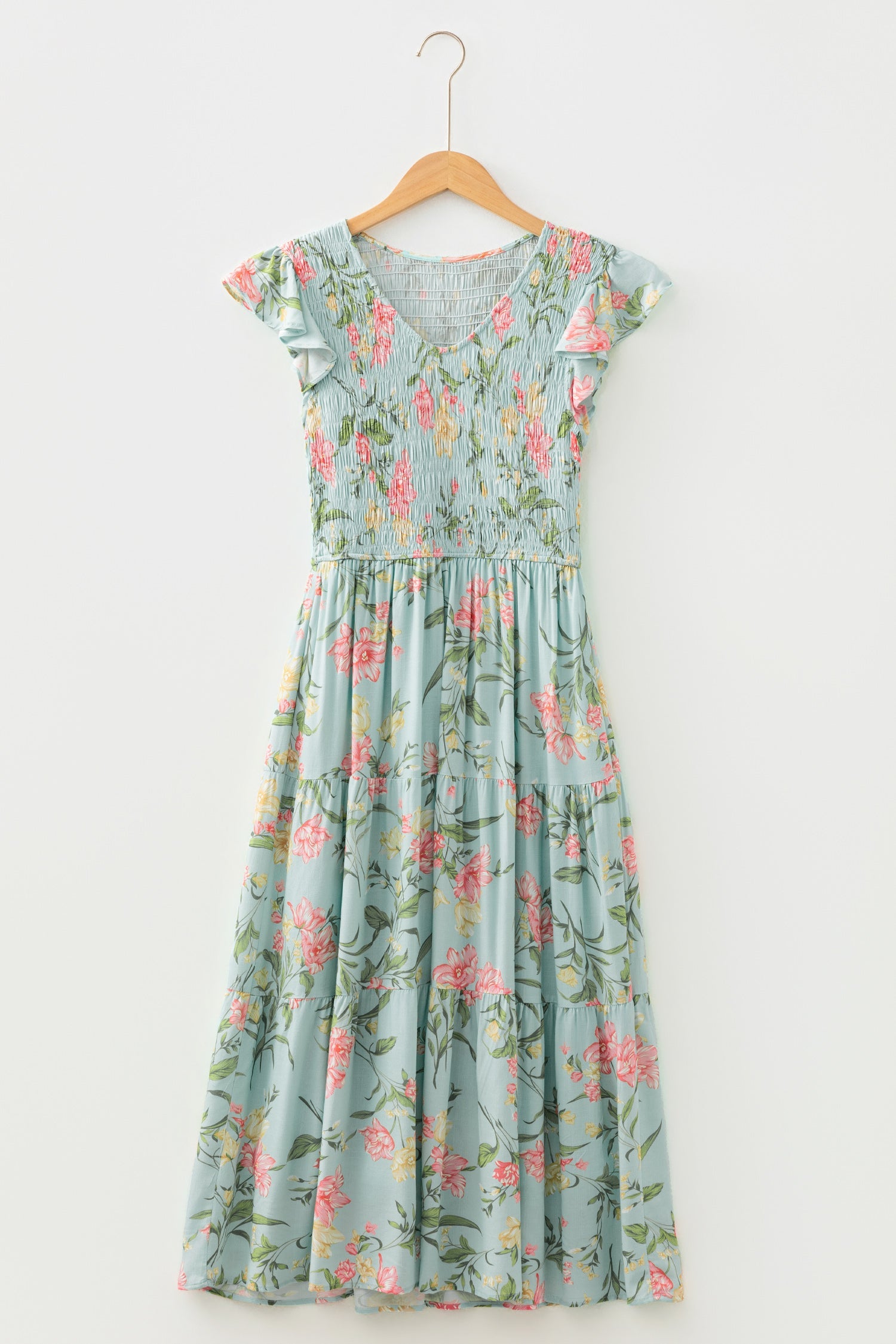 Smocked Sleeveless Bodice Ruffled Tiered Floral Maxi Dress