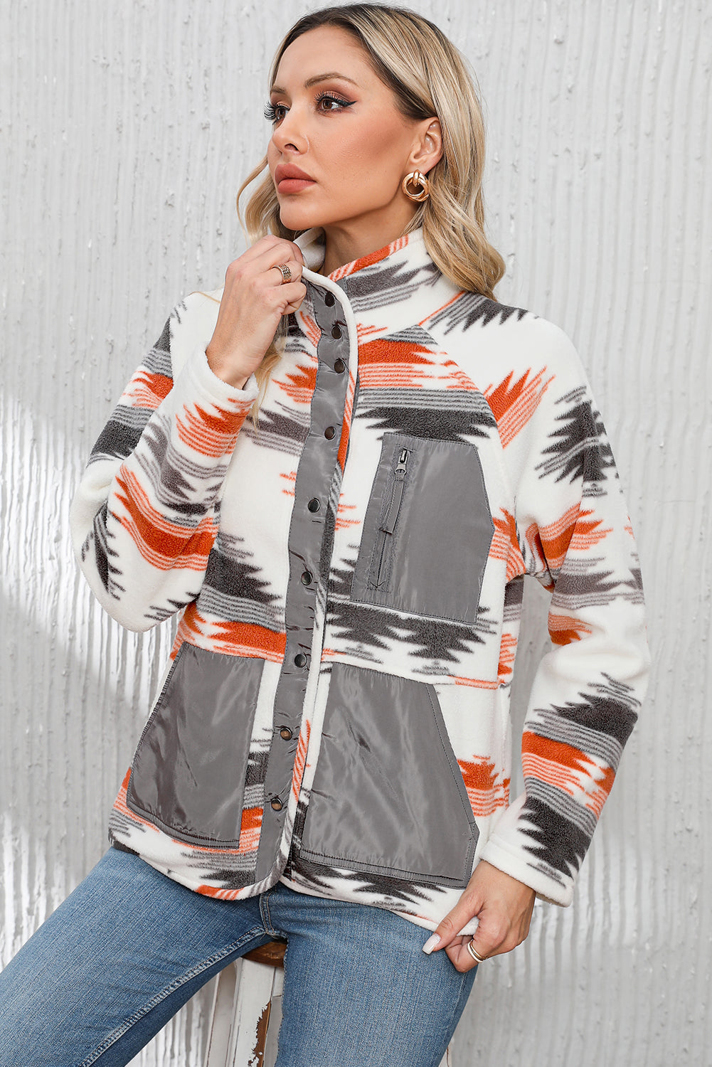 Jacket for Women Aztec Fleece Snap Button