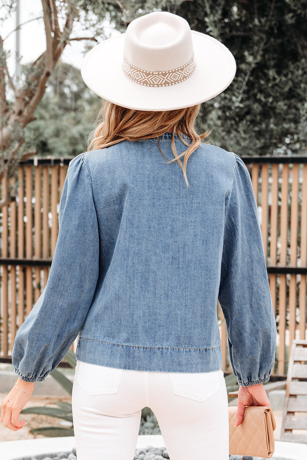 Tied Puff Front Long Sleeve Denim Top