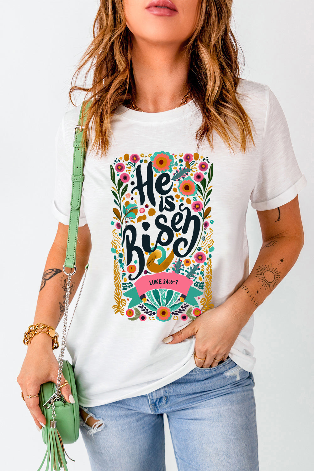 Women's T Shirt Featuring He Is Risen Floral-Print Print Round Neck