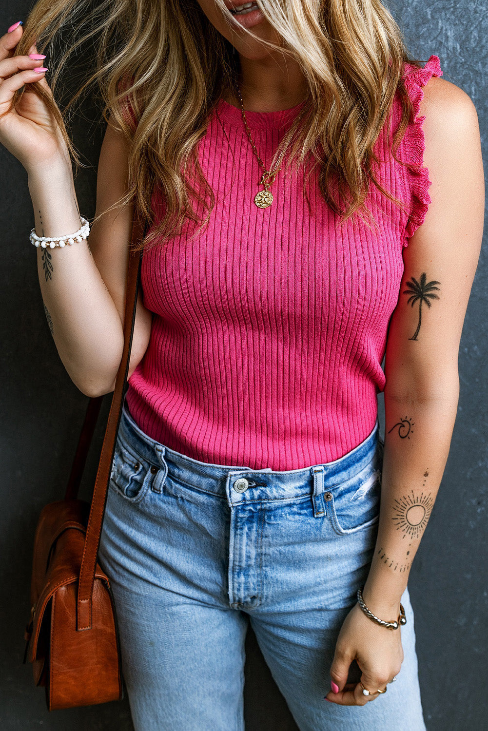 Women's Ruffle-Trimmed Sweater Rib-Knitted Tank