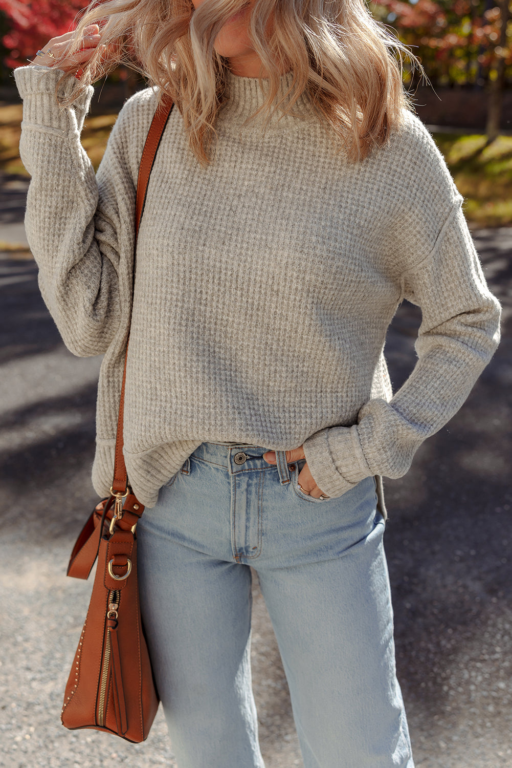 Waffle Rib-Knit Texture Knit High Neck Drop-Shoulder Knit Top