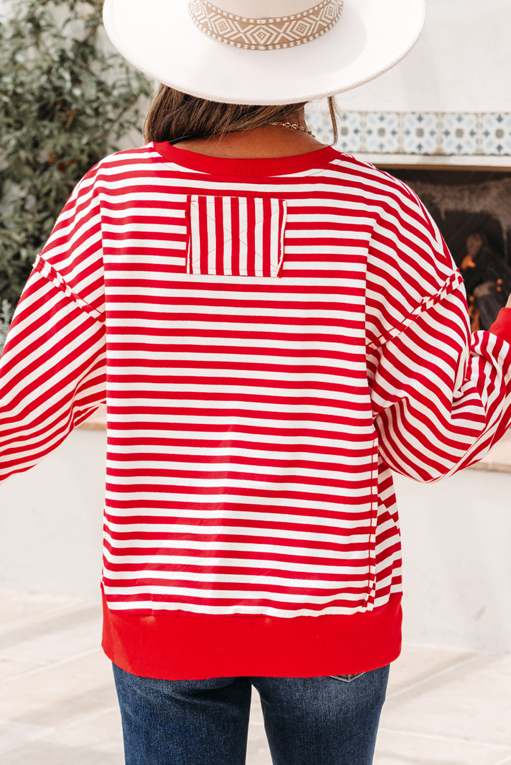 Exposed Seam Stripe Seam Cotton Everyday Pullover Top in Red