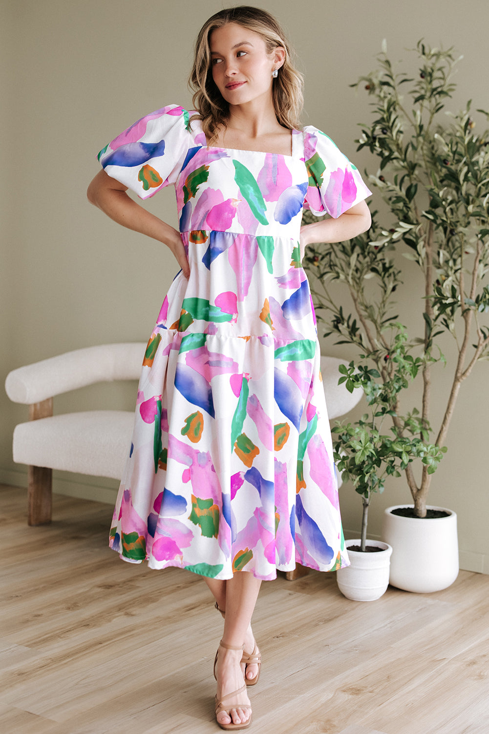 Purple Abstract Print Smocked Back Midi Dress