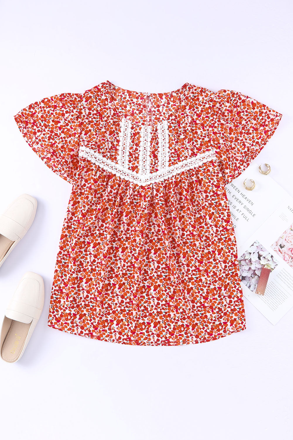 Women's Blouse Featuring Lace-Trimmed Trim Plus Ruffle-Trimmed Sleeve