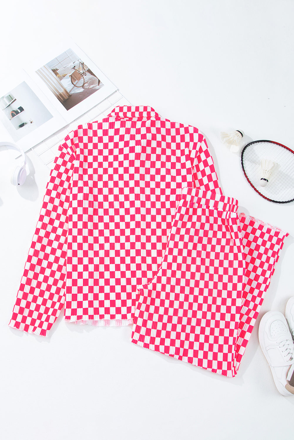Checkered and Button-Front Shirt High-Waisted Pants Pajama Set in Pink