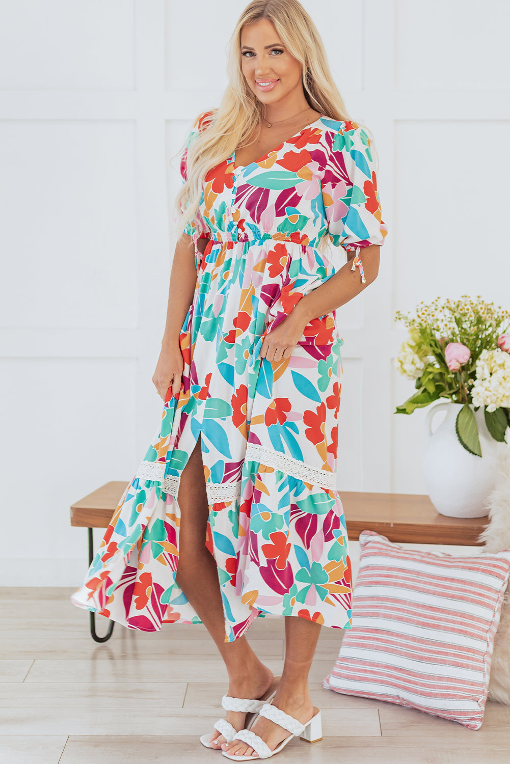 Floral Knot Buttoned Front Split Lace Maxi Dress