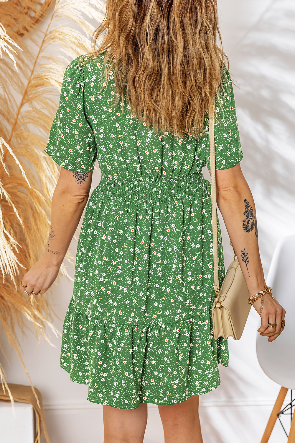 Floral-Print High Wrap V-Neck Waistband Mini Dress in Green