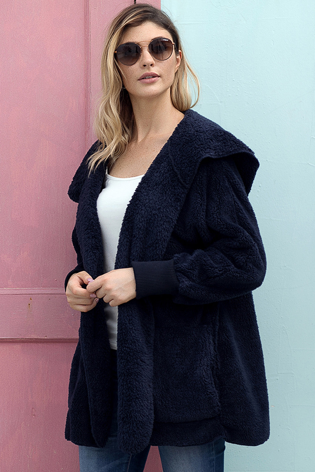 Pink Soft Fleece Hooded Open Front Jacket