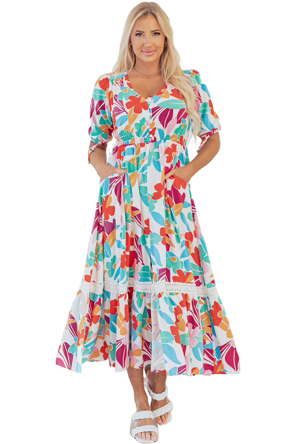 Floral Knot Buttoned Front Split Lace Maxi Dress