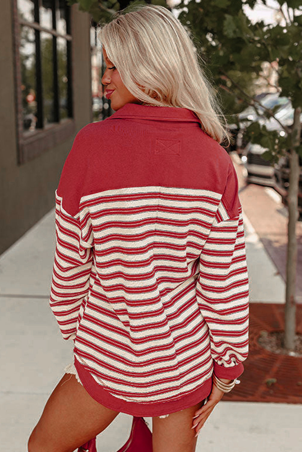 Button-Front V-Neck Collared Drop-Shoulder Top
