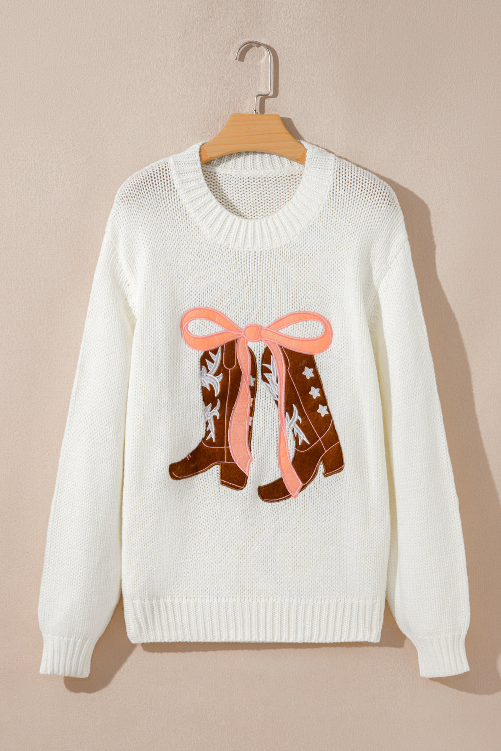 Embroidered Graphic Bow Boots Drop-Shoulder Knit Top