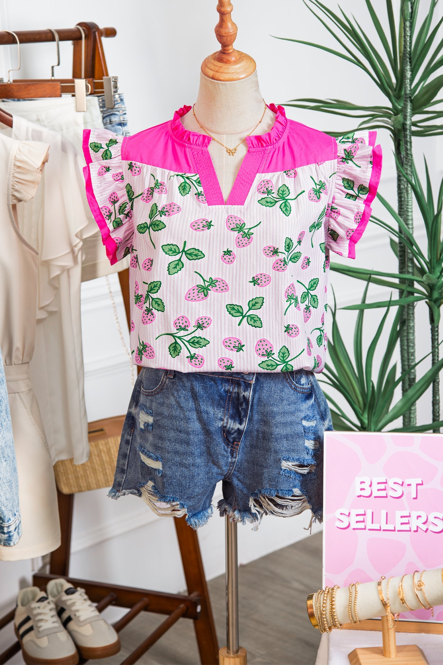 Printed Striped Strawberry Colorblock Patchwork V-Neck Flutter Sleeve Blouse