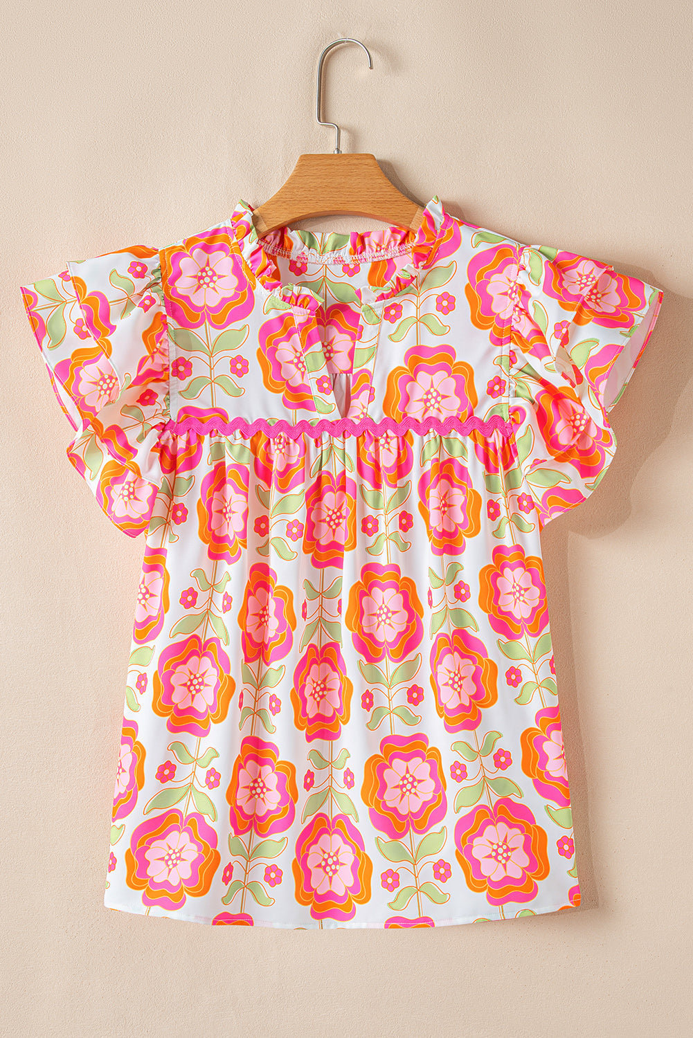 Floral Ruffled Sleeve Ric-rac Trim Split Neck Loose Blouse