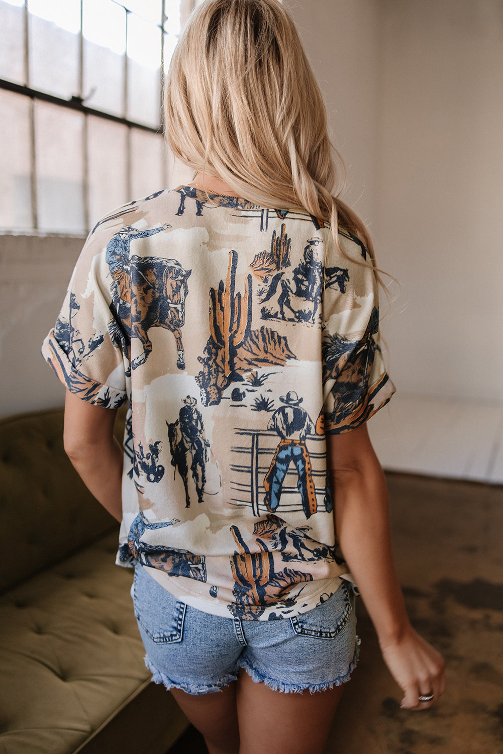 Western Cowboy Print Cuffed Sleeve T Shirt