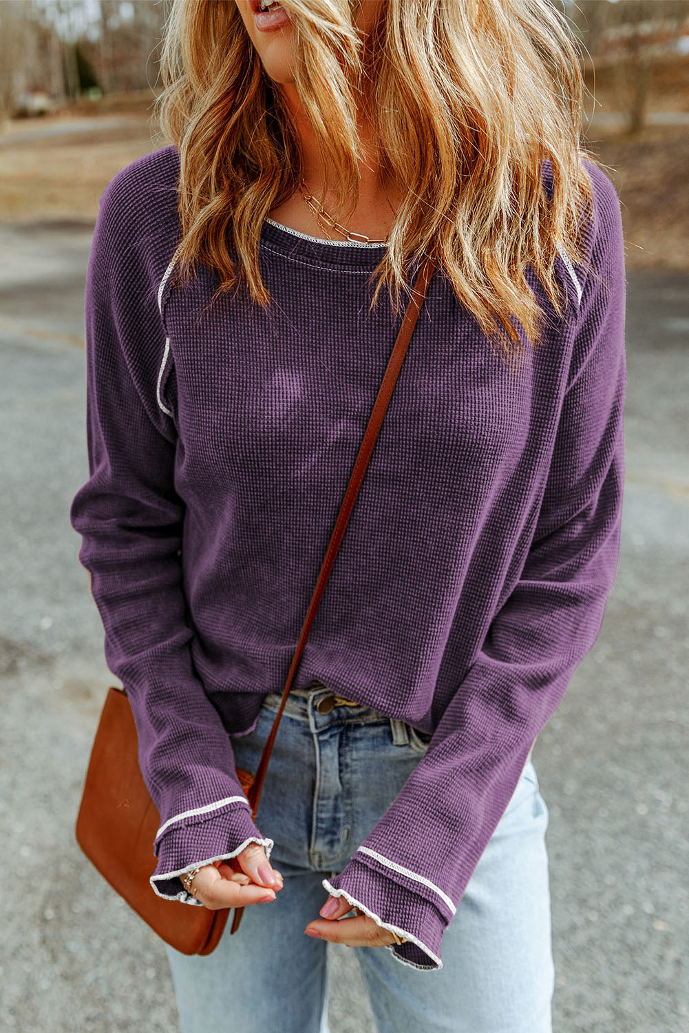 Textured Round-Neck Long-Sleeved Top Style