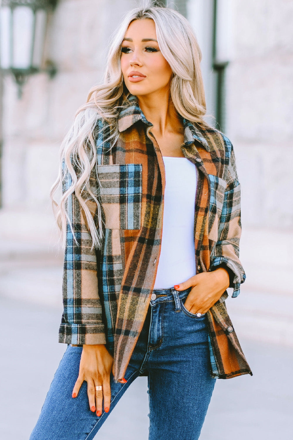 Women's Pockets Featuring Button-Front Shirt with Plaid Color-Block