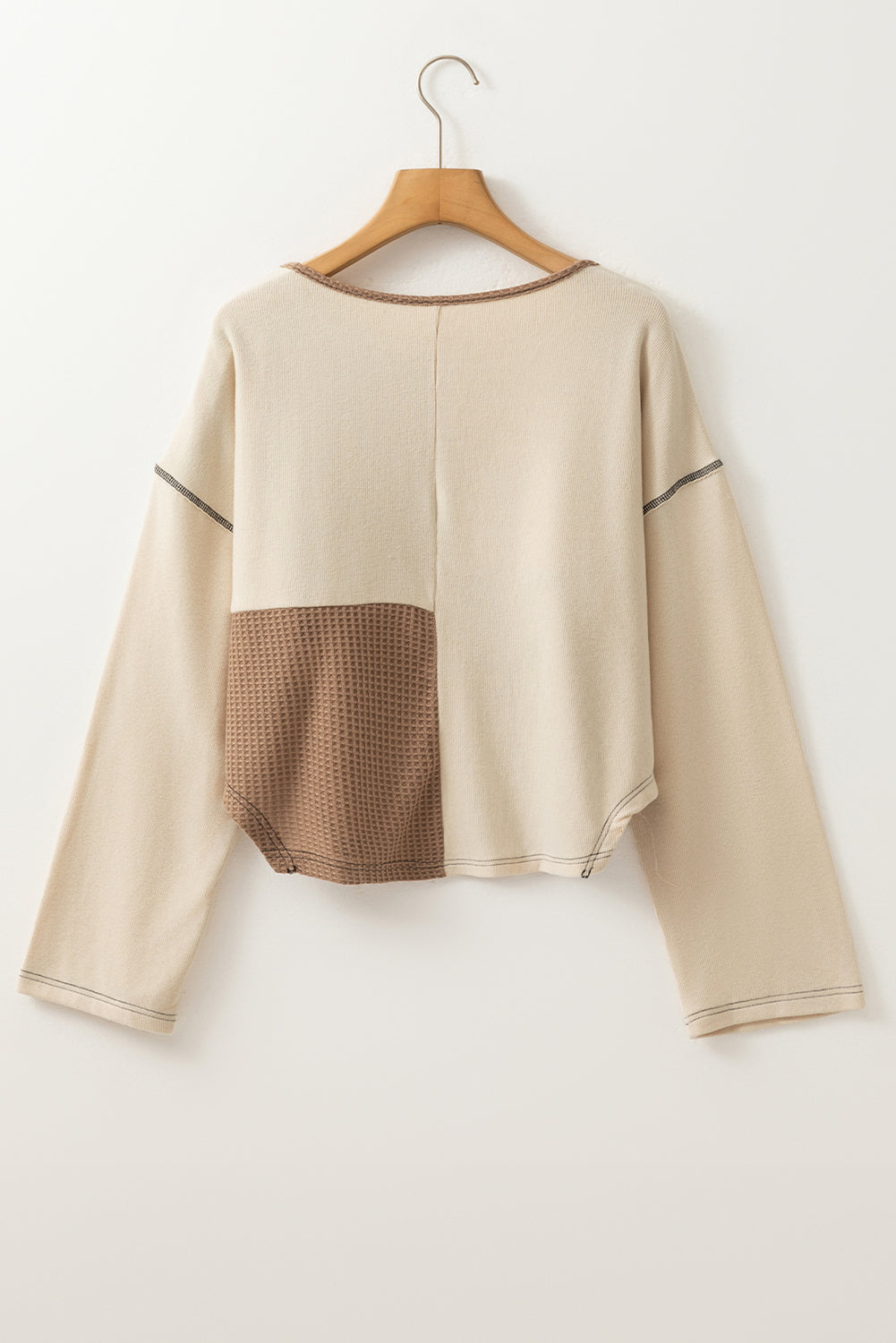 Waffle Knit Colorblock Knit Stitch Detail Long-Sleeved Top in Beige