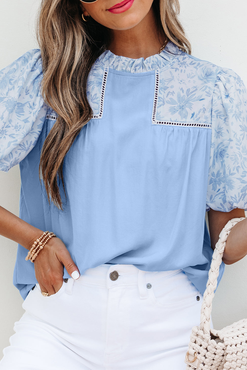Floral Lace Insert Puff Sleeve Patchwork Loose Blouse