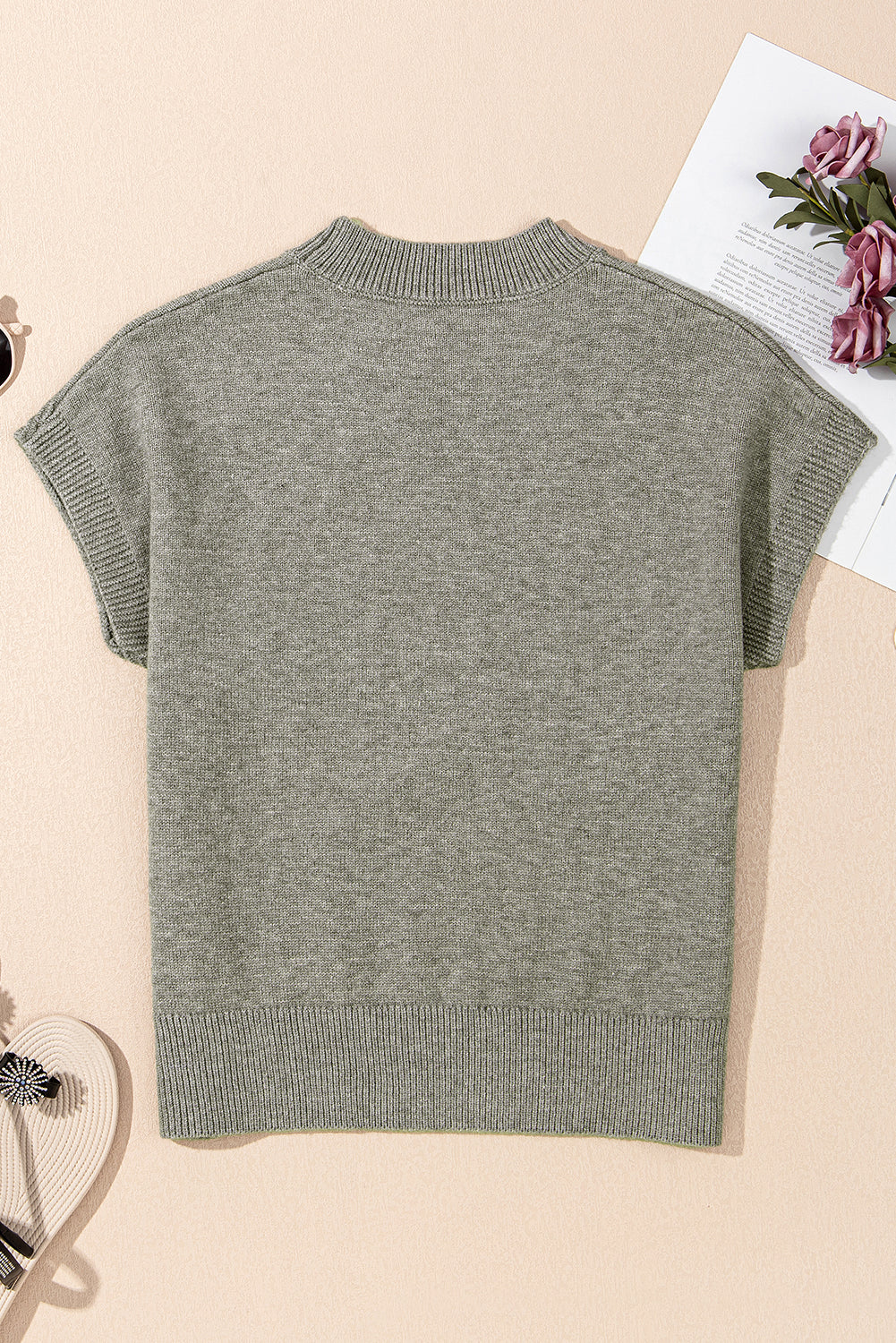 Pattern High Flower Rib-Knit Trim Short-Sleeved Boxy Knit Top