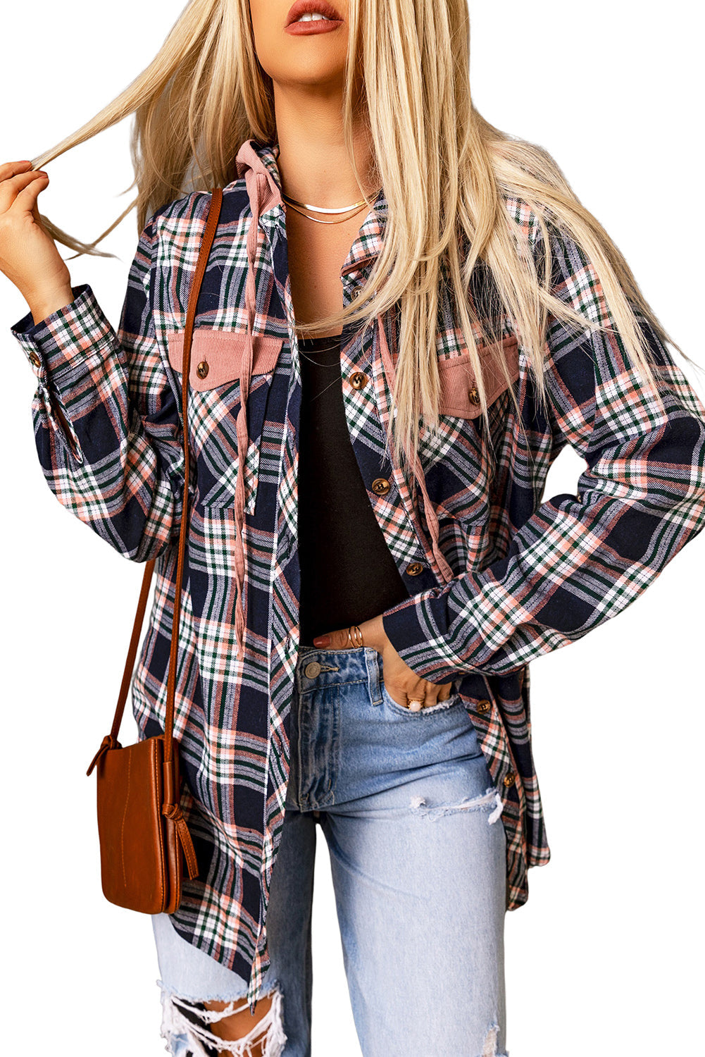 Women's Shacket with Hooded Drawcord Plaid