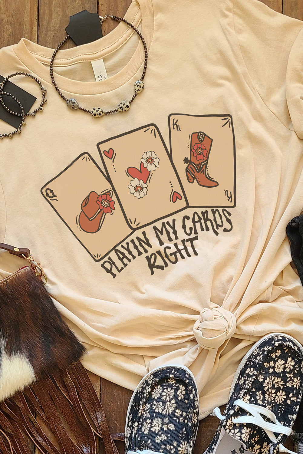 Women's Western PLAYING MY CARDS RIGHT Graphic-Print T Shirt