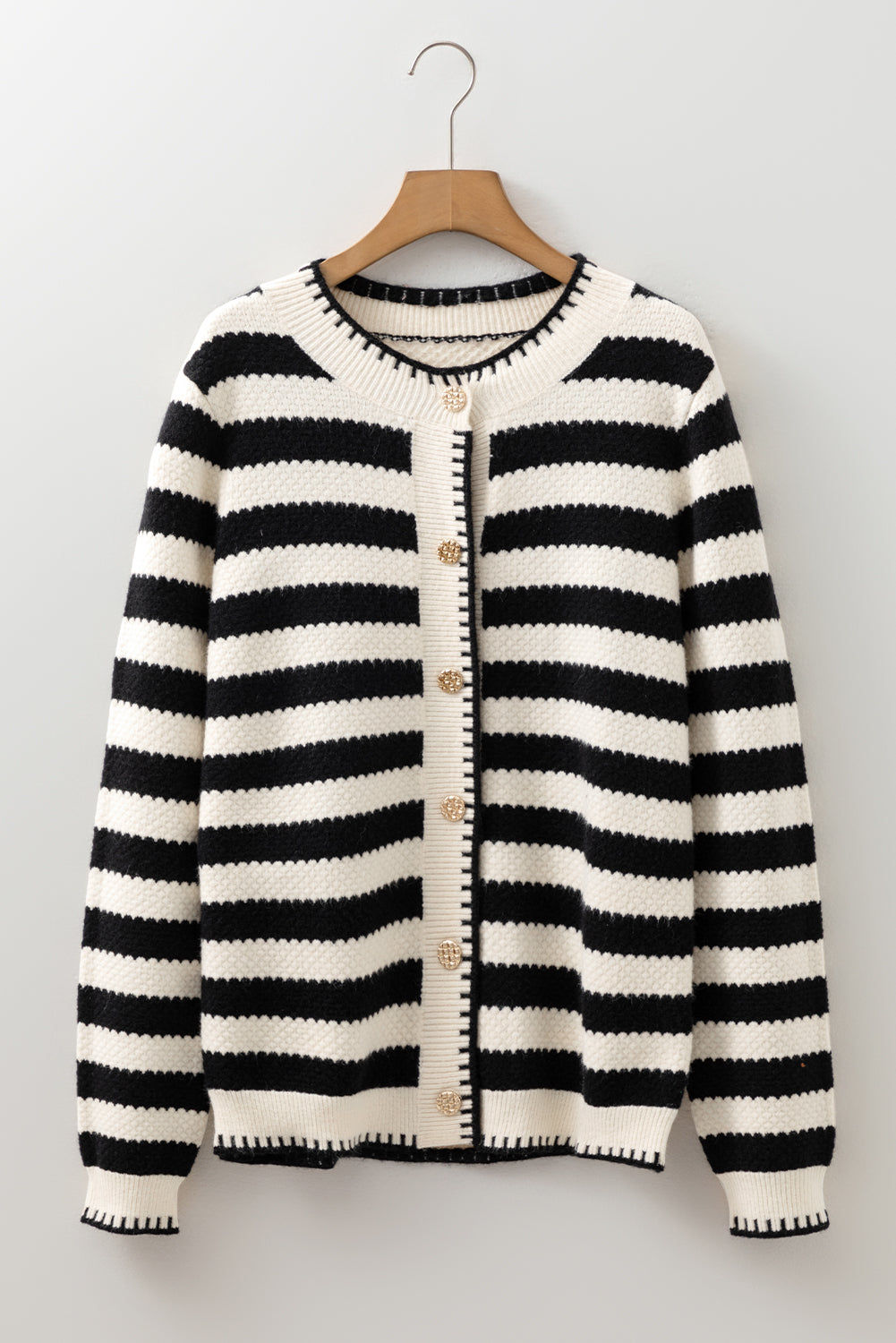 Golden Stripe Polished Button Cardigan Knit Top in Black
