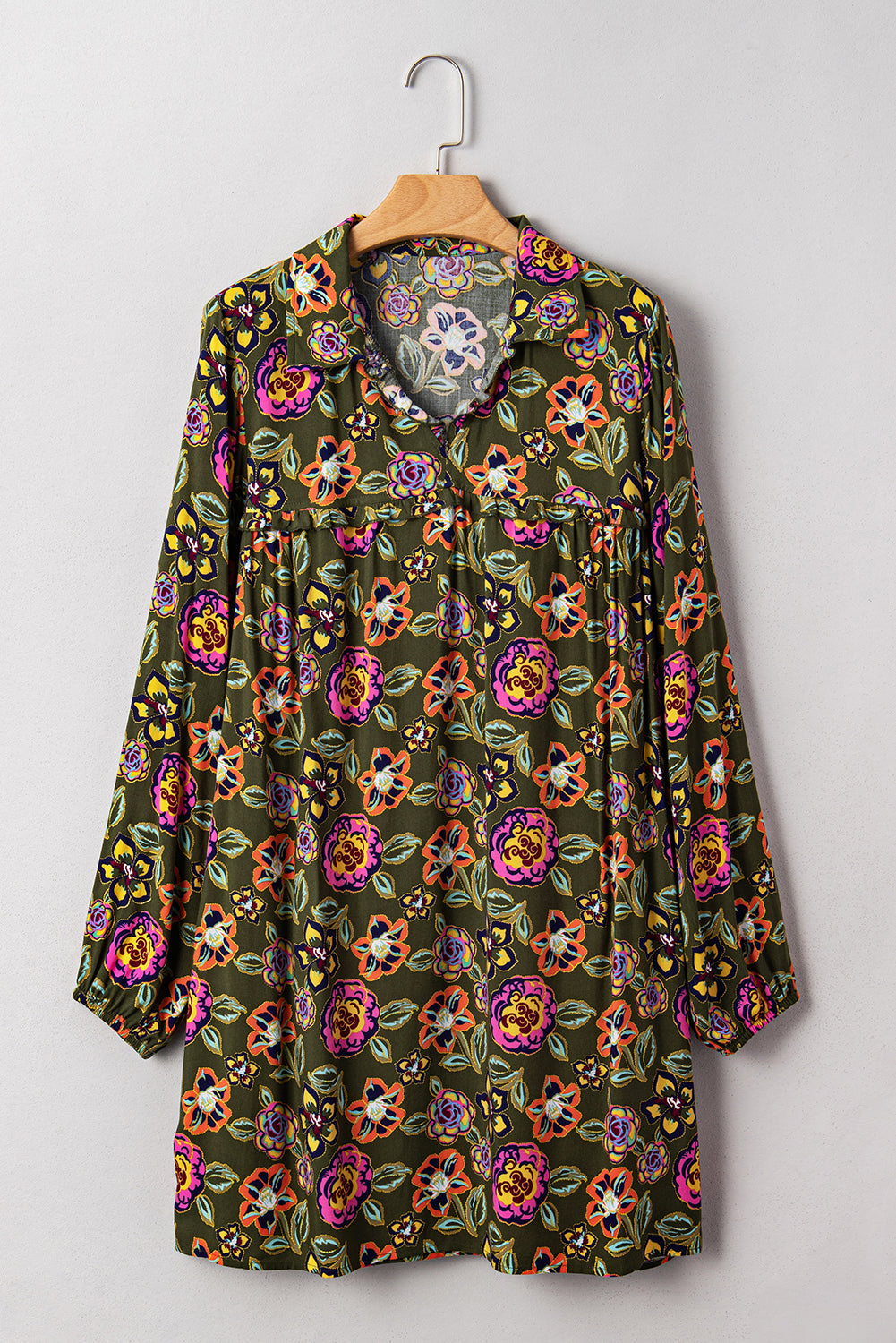 Floral-Print Split Neck Bubble Sleeve Shift Mini Dress