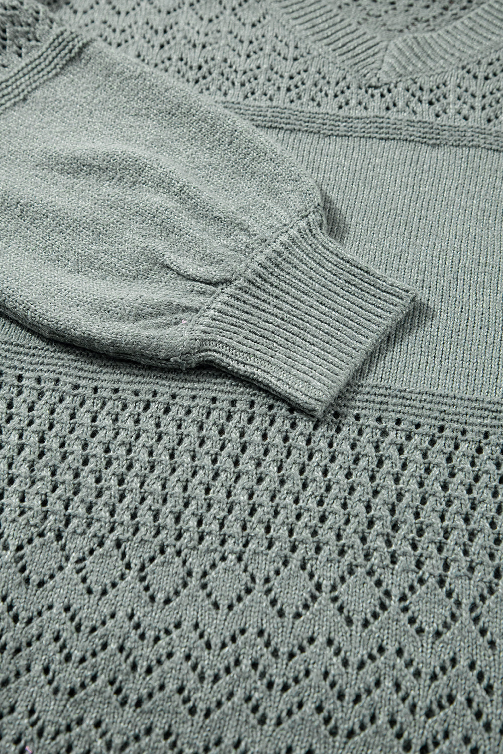Mist Green Eyelet Pattern Detail V Neck Drop Shoulder Sweater
