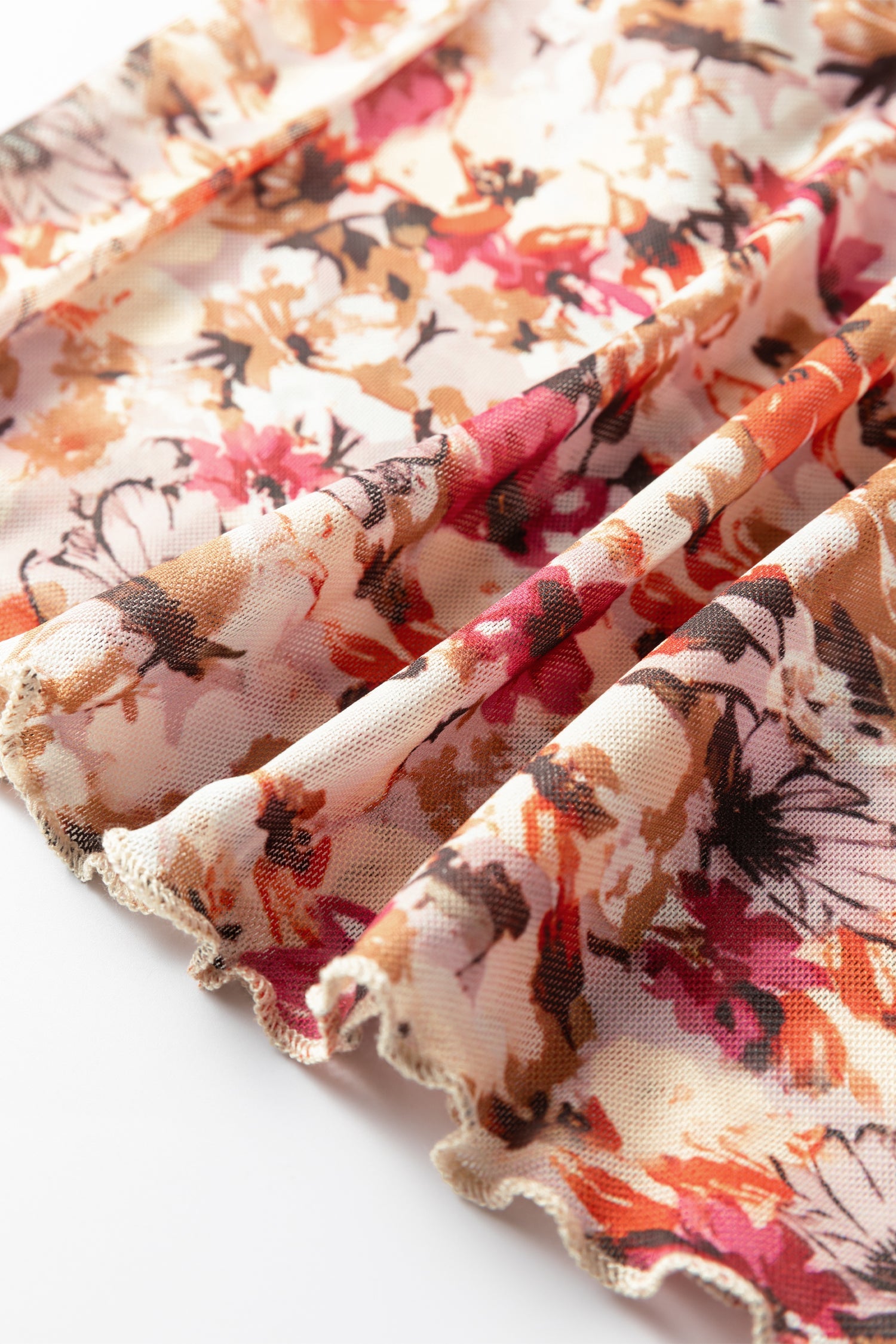 Mesh Long-Sleeved Floral-Print Long-Sleeved Top in Red