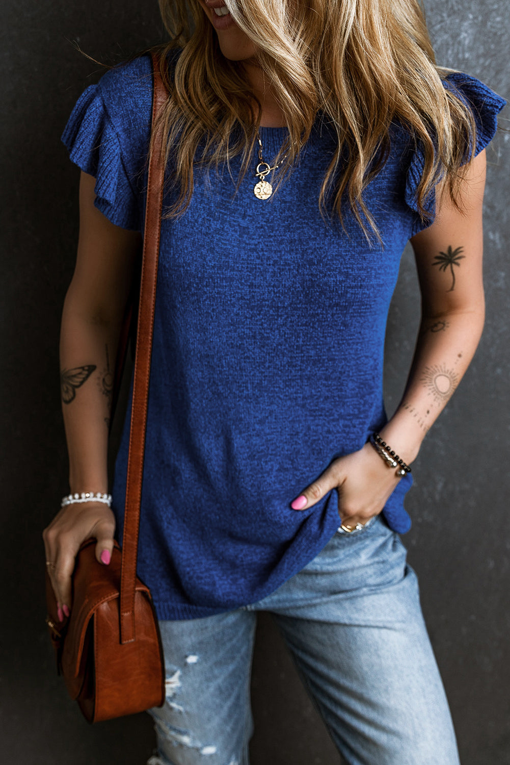 Women's Top Featuring Knitted Sweater Ruffle-Trimmed Sleeve