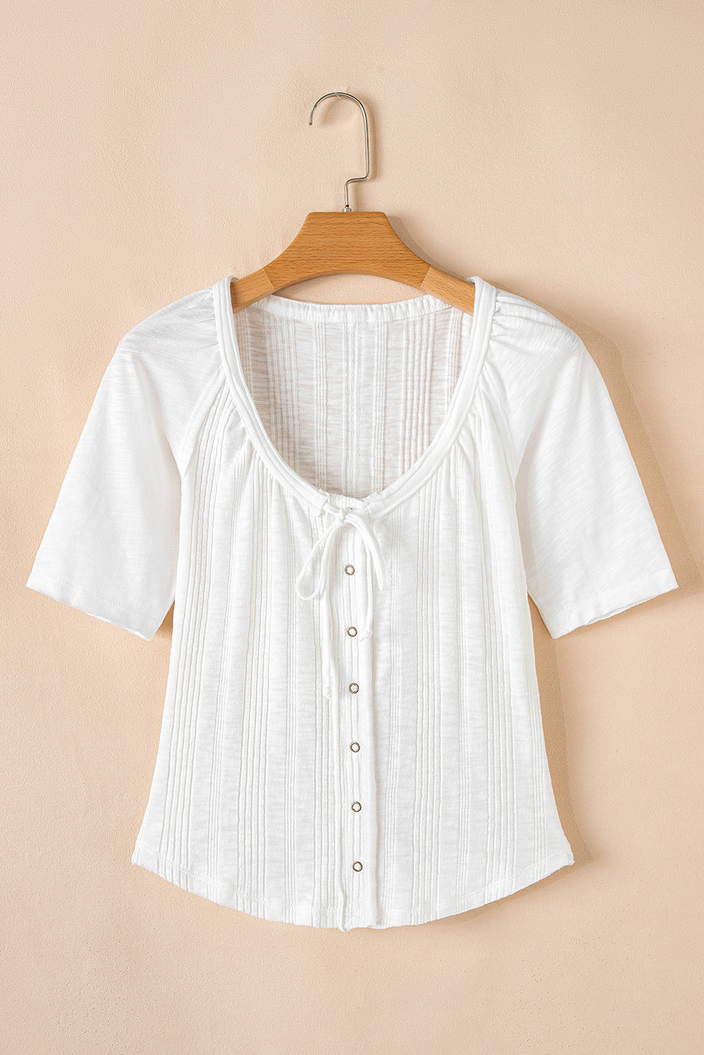 Snap Button Drawstirng Tie Neck Shirt in White