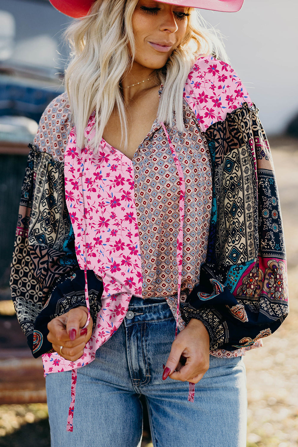 Boho Drop-Shoulder Mixed Floral Bubble Sleeve Blouse
