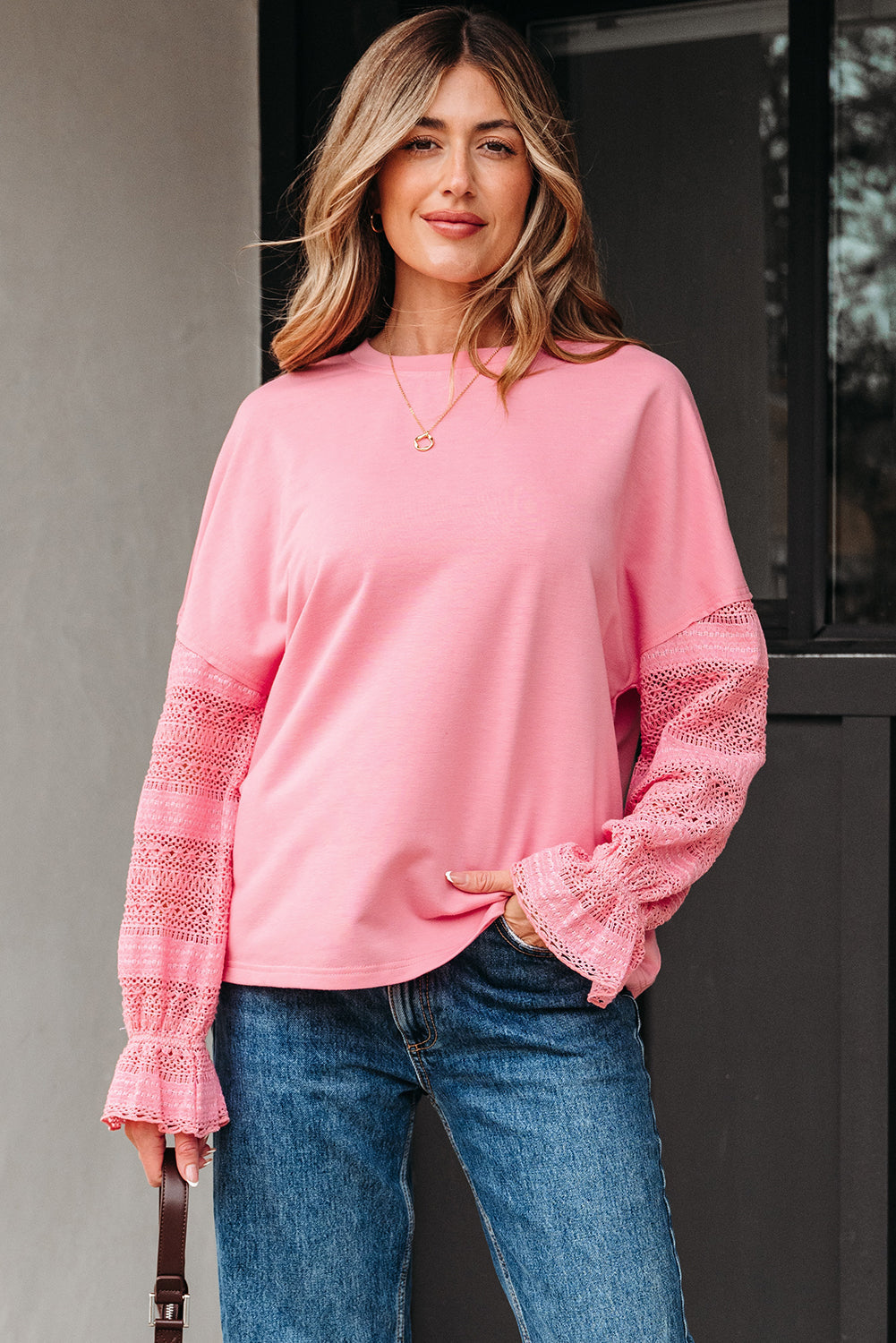 Drop-Shoulder Sleeve Lace Ruffled Patchwork Loose Sweatshirt