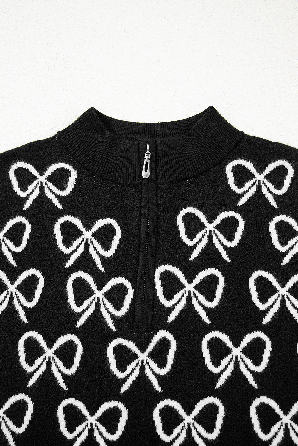 Bow Pattern Cute Pattern Drop-Shoulder Zip Collar Knit Top