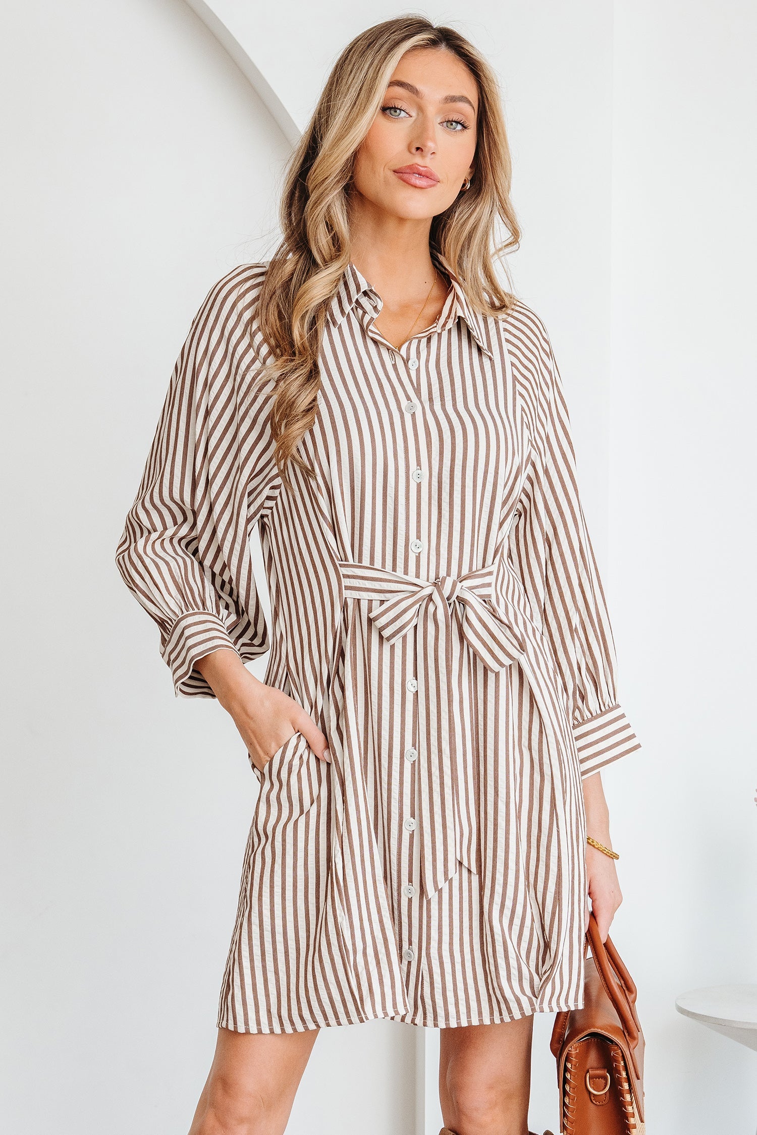 Stripe Knot Waist Button Down Mini Shirt Dress in Brown