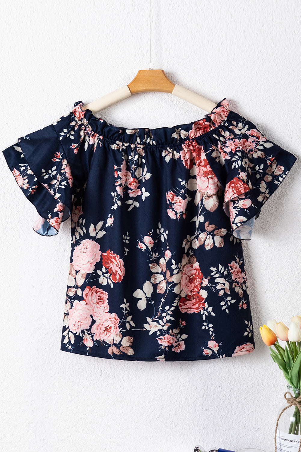 Women's Blouse Featuring Floral-Print Ruffle-Trimmed Flounce Sleeve