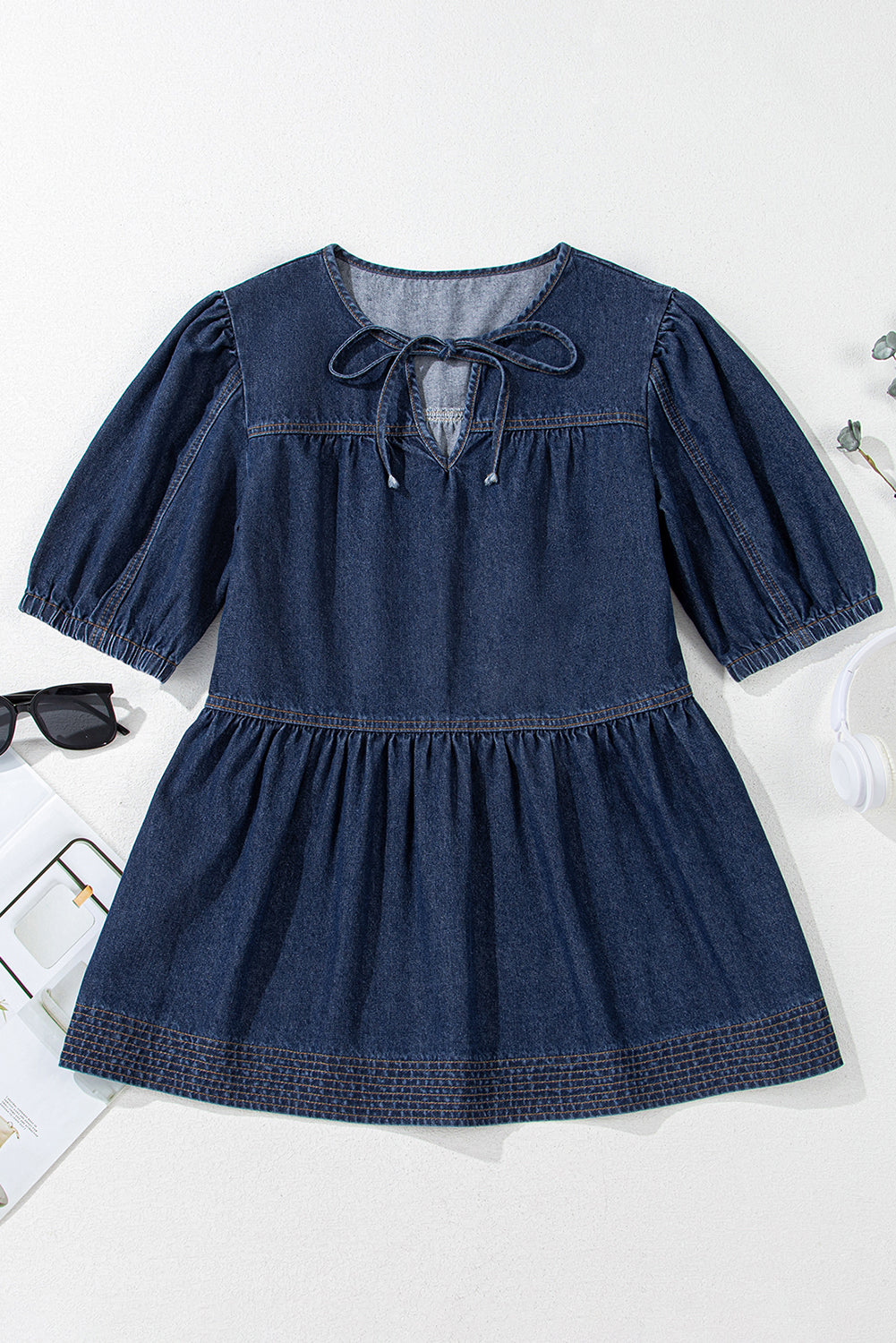 Lace-up Neckline Splicing Denim Blouse