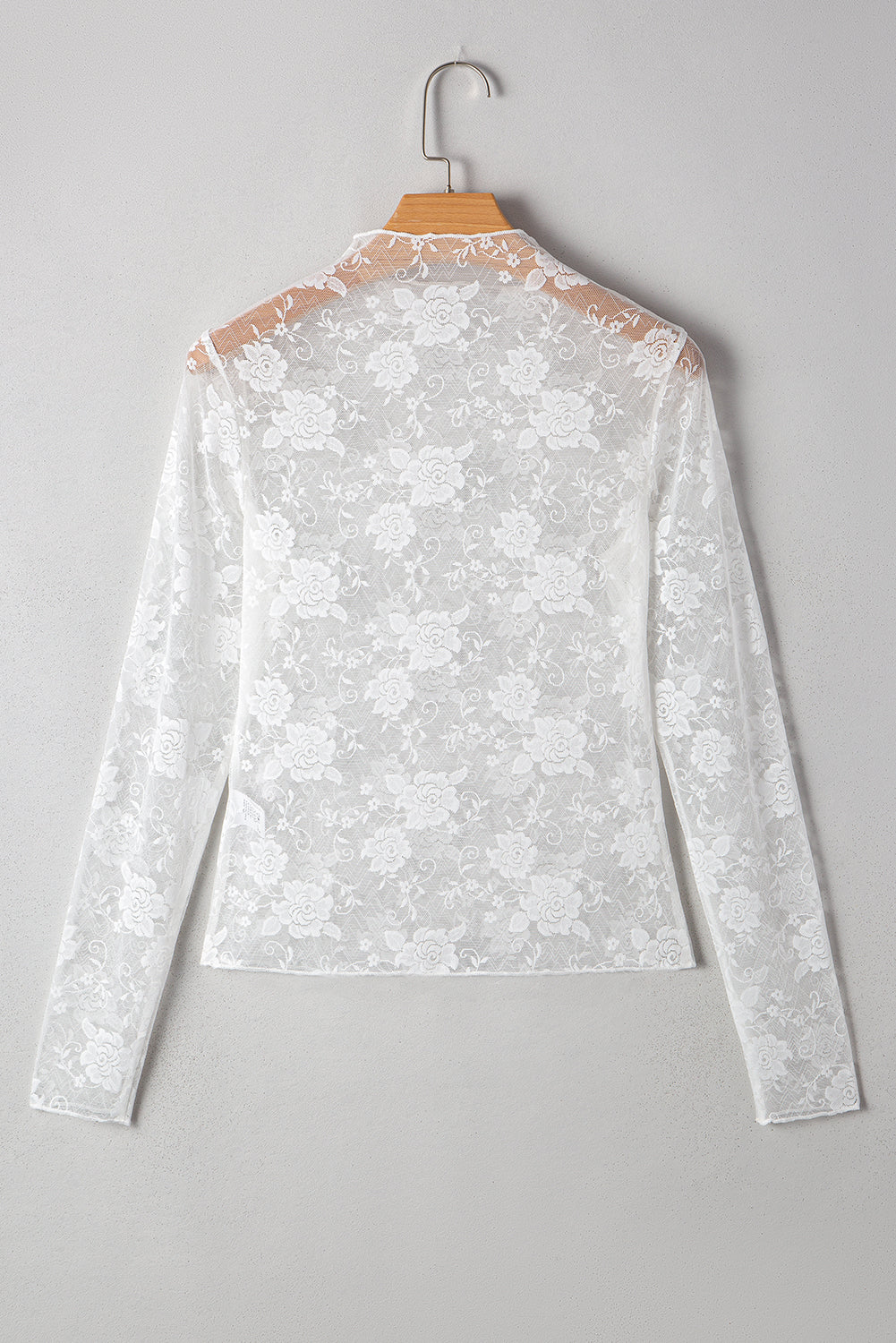 Lace Sheer Floral Mesh Mock-Neck Long-Sleeved Top in White